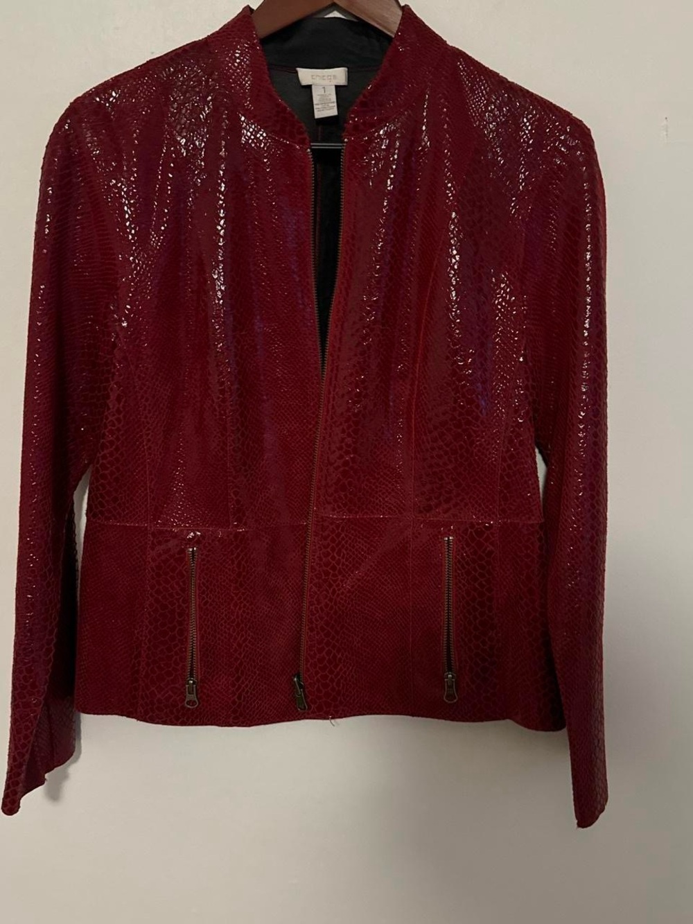 Chico's Deep Red Faux-Snake Bomber Jacket